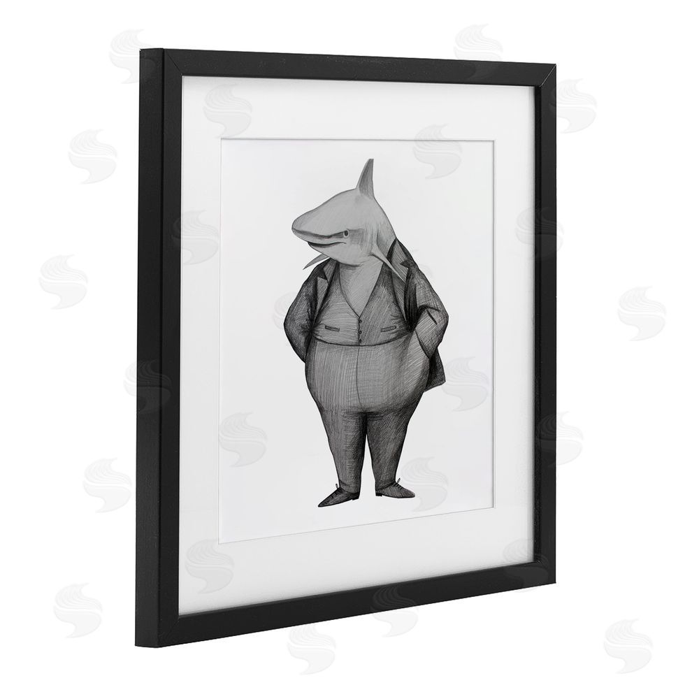 Violeta Vollmer Shark In Suit Drawing Black Framed Print Under Glass Wall Art