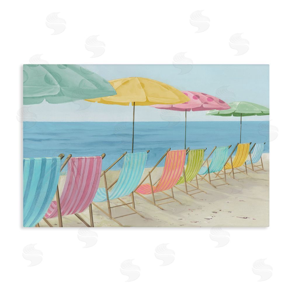 Lorenzo Collective Beach Chairs Lineup & Umbrellas Stretched Canvas Wall Art Print