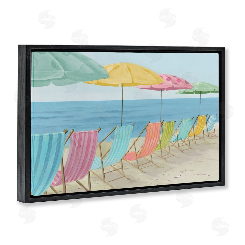 Lorenzo Collective Beach Chairs Lineup & Umbrellas Black Floating Frame Canvas Wall Art Print
