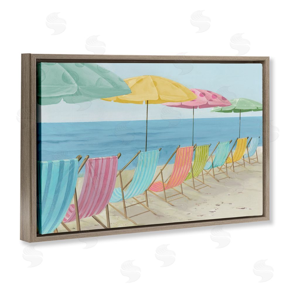 Lorenzo Collective Beach Chairs Lineup & Umbrellas Brown Floating Frame Canvas Wall Art Print