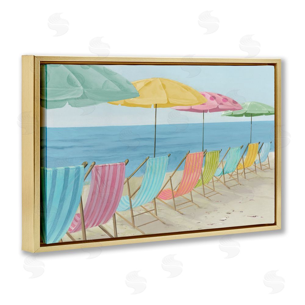 Lorenzo Collective Beach Chairs Lineup & Umbrellas Gold Floating Frame Canvas Wall Art Print