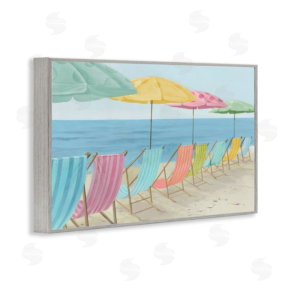Lorenzo Collective Beach Chairs Lineup & Umbrellas Gray Framed Giclee Wall Art Print