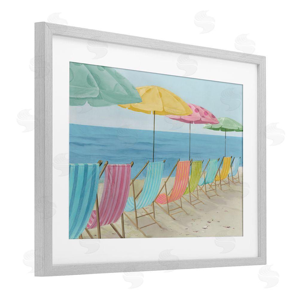 Lorenzo Collective Beach Chairs Lineup & Umbrellas Gray Framed Print Under Glass Wall Art