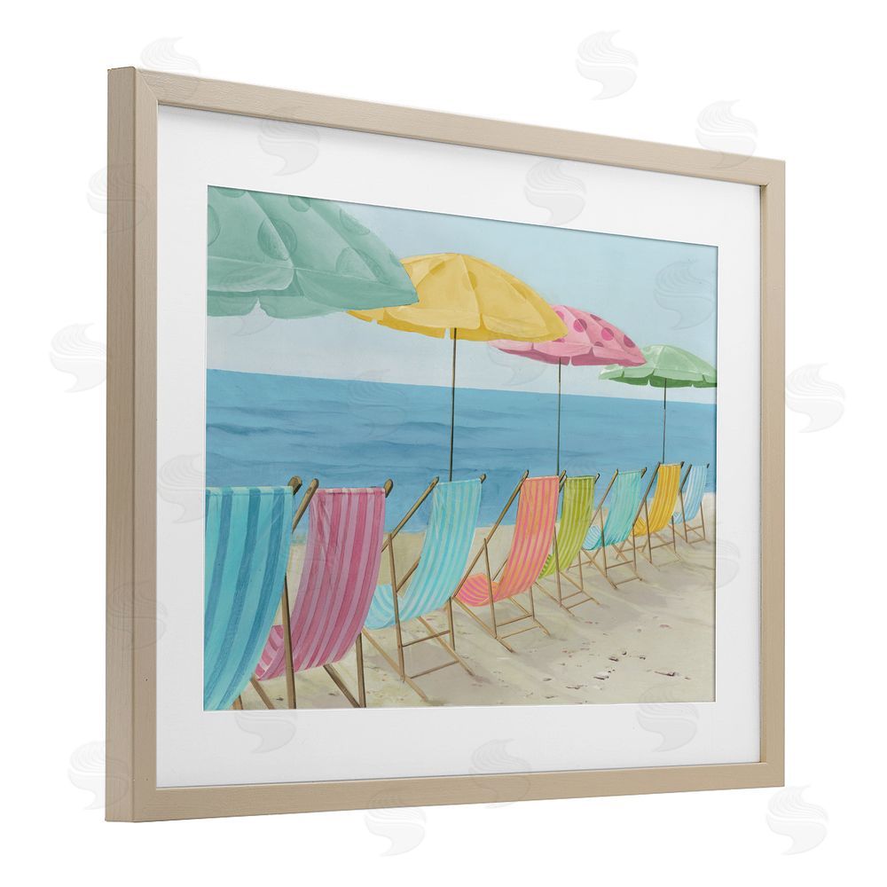 Lorenzo Collective Beach Chairs Lineup & Umbrellas Brown Framed Print Under Glass Wall Art