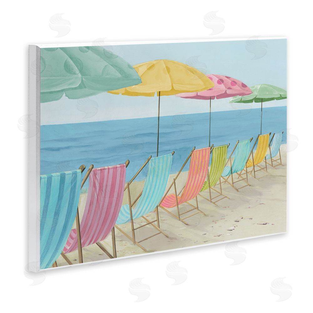 Lorenzo Collective Beach Chairs Lineup & Umbrellas Wooden Wall Plaque Art Print
