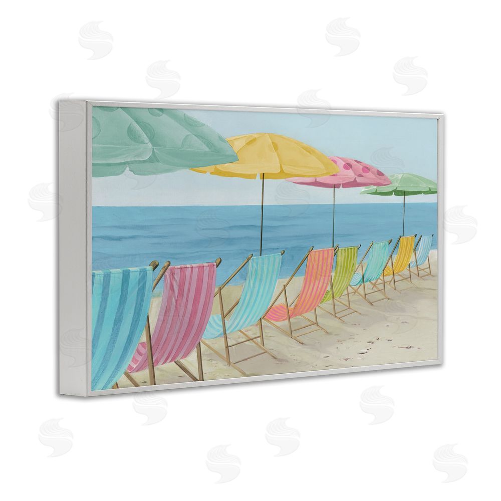Lorenzo Collective Beach Chairs Lineup & Umbrellas White Framed Giclee Wall Art Print