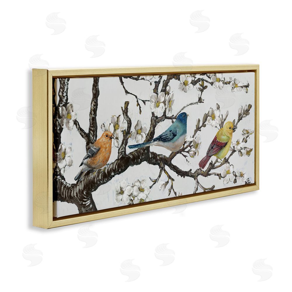 Lorenzo Collective Birds on Cherry Blossom Branch Gold Floating Frame Canvas Wall Art Print