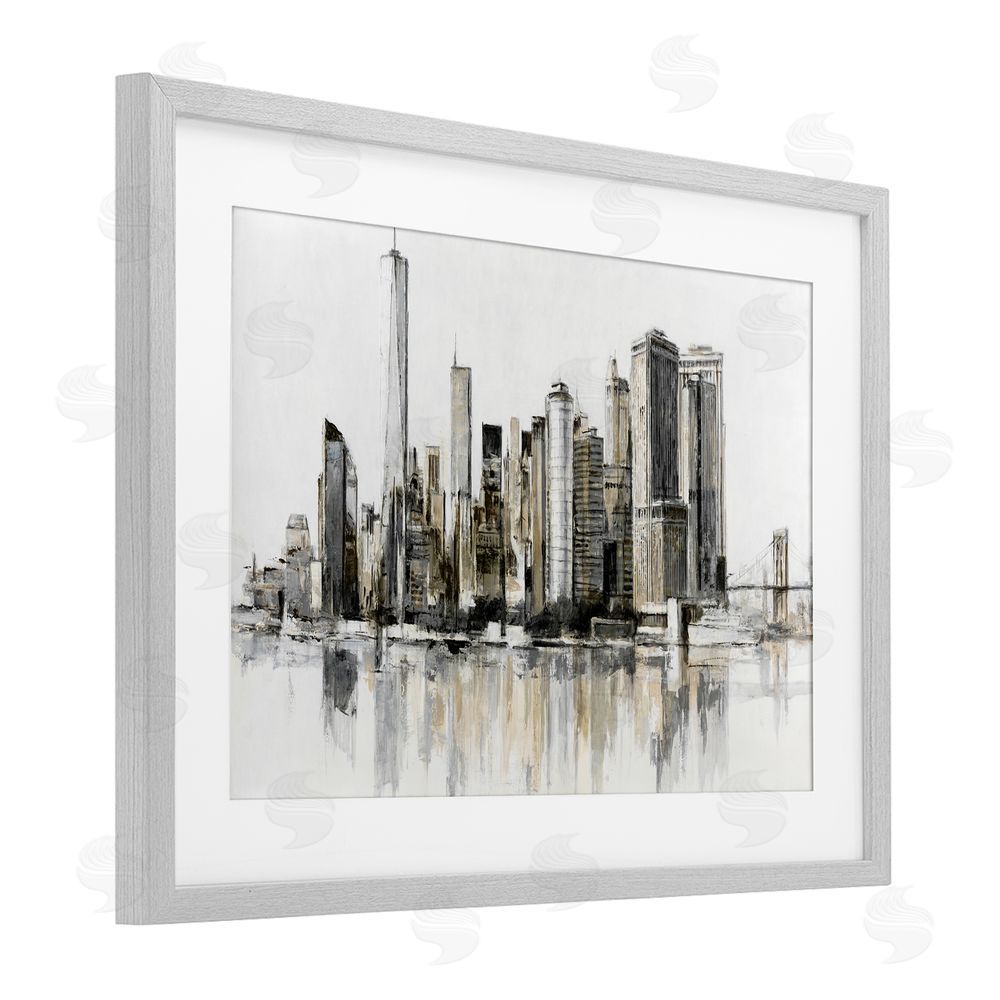 Lorenzo Collective Urban Skyline Reflection Gray Framed Print Under Glass with White Mat Wall Art