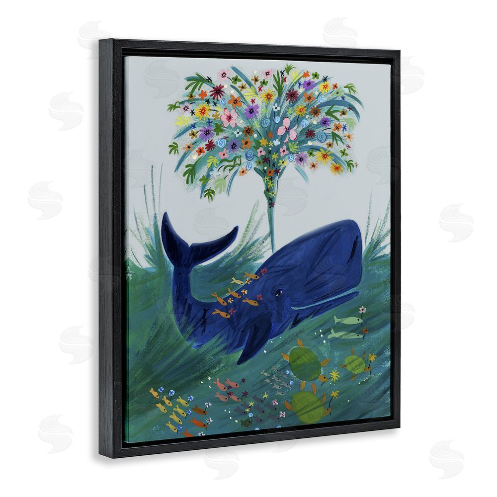 Kay Widdowson A Flowery Whale Black Floating Frame Canvas Wall Art Print