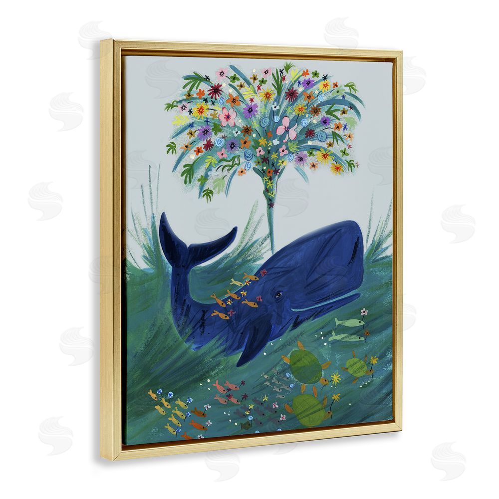 Kay Widdowson A Flowery Whale Gold Floating Frame Canvas Wall Art Print