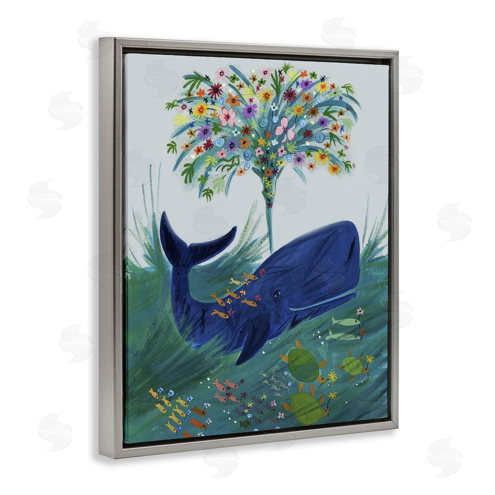 Kay Widdowson A Flowery Whale Gray Floating Frame Canvas Wall Art Print