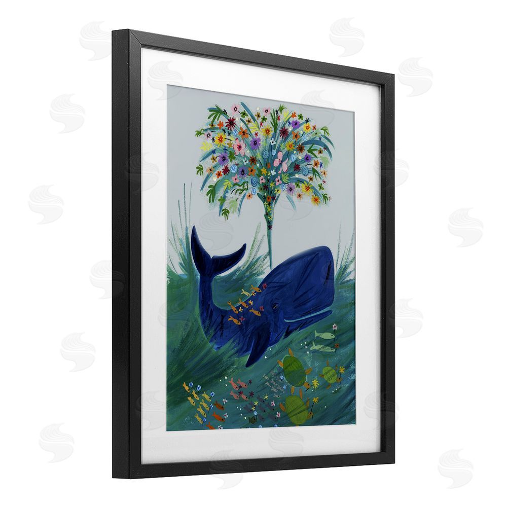 Kay Widdowson A Flowery Whale Black Framed Print Under Glass Wall Art