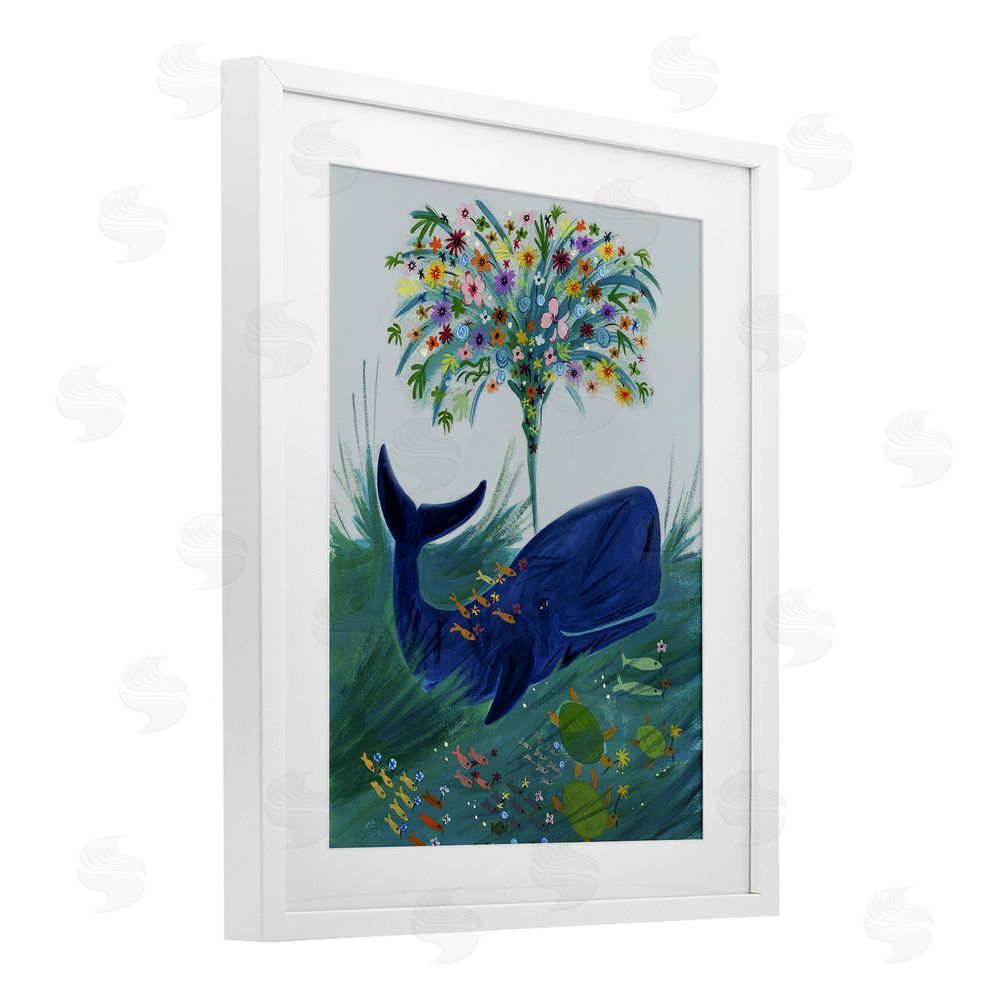 Kay Widdowson A Flowery Whale White Framed Print Under Glass Wall Art