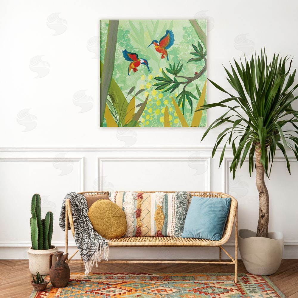 Kay Widdowson Kingfishers in Jungle Branches Stretched Canvas Wall Art in Room