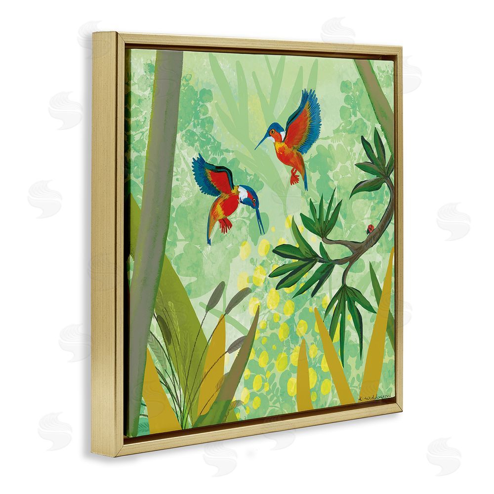 Kay Widdowson Kingfishers in Jungle Branches Gold Floating Frame Canvas Wall Art Print