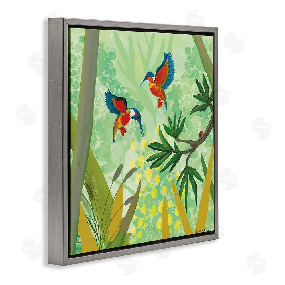 Kay Widdowson Kingfishers in Jungle Branches Gray Floating Frame Canvas Wall Art Print