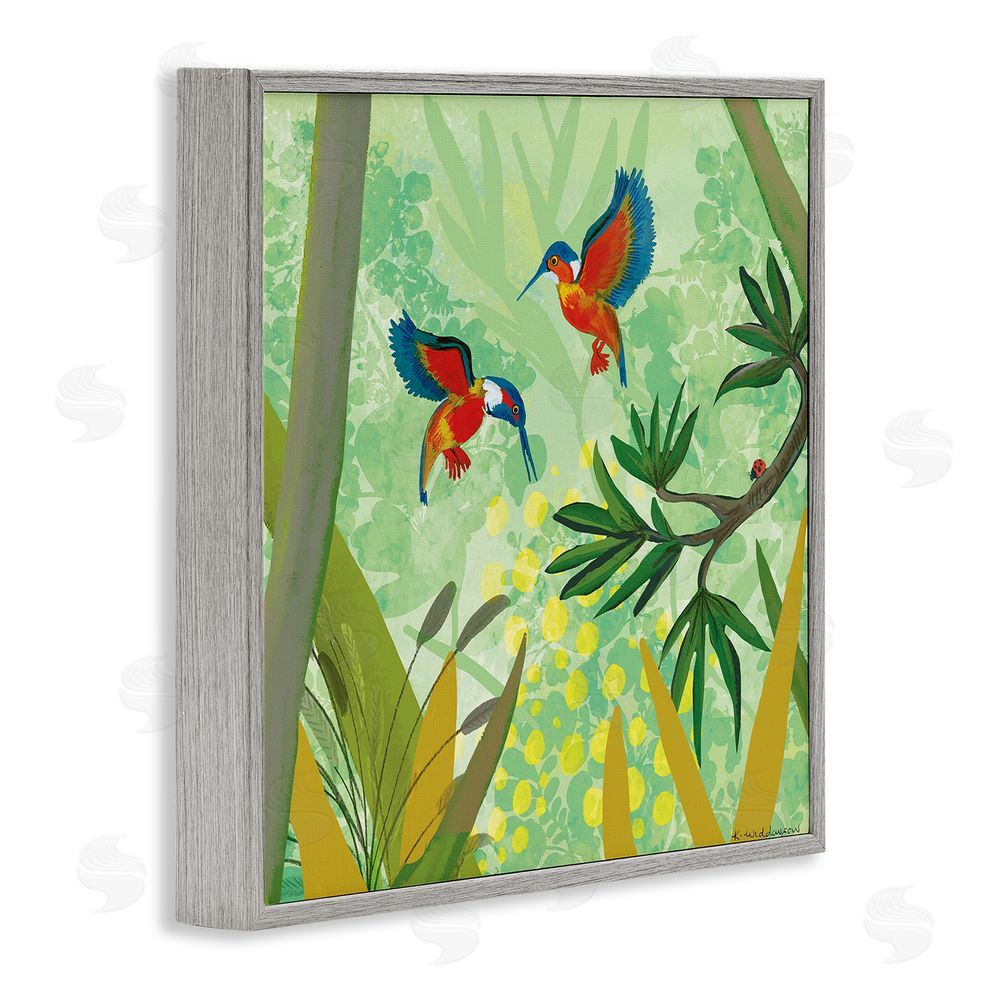 Kay Widdowson Kingfishers in Jungle Branches Gray Framed Giclee Wall Art Print