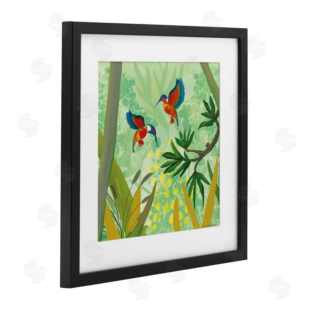 Kay Widdowson Kingfishers in Jungle Branches Black Framed Print Under Glass Wall Art