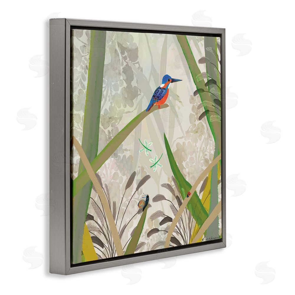 Kay Widdowson Kingfisher Among Branches Gray Floating Frame Canvas Wall Art Print