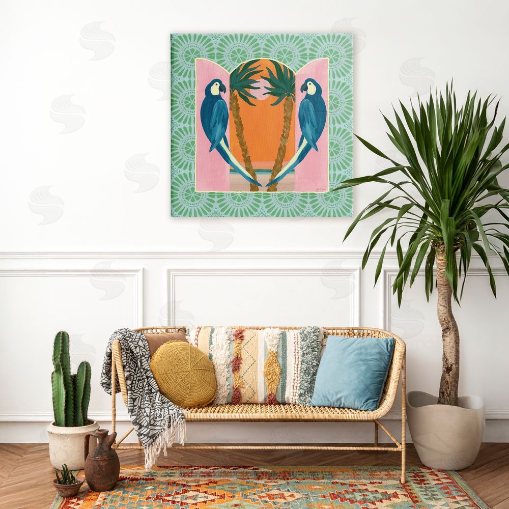 Yvette St. Amant Blue Parrots Tropical Symmetry Stretched Canvas Wall Art in Room