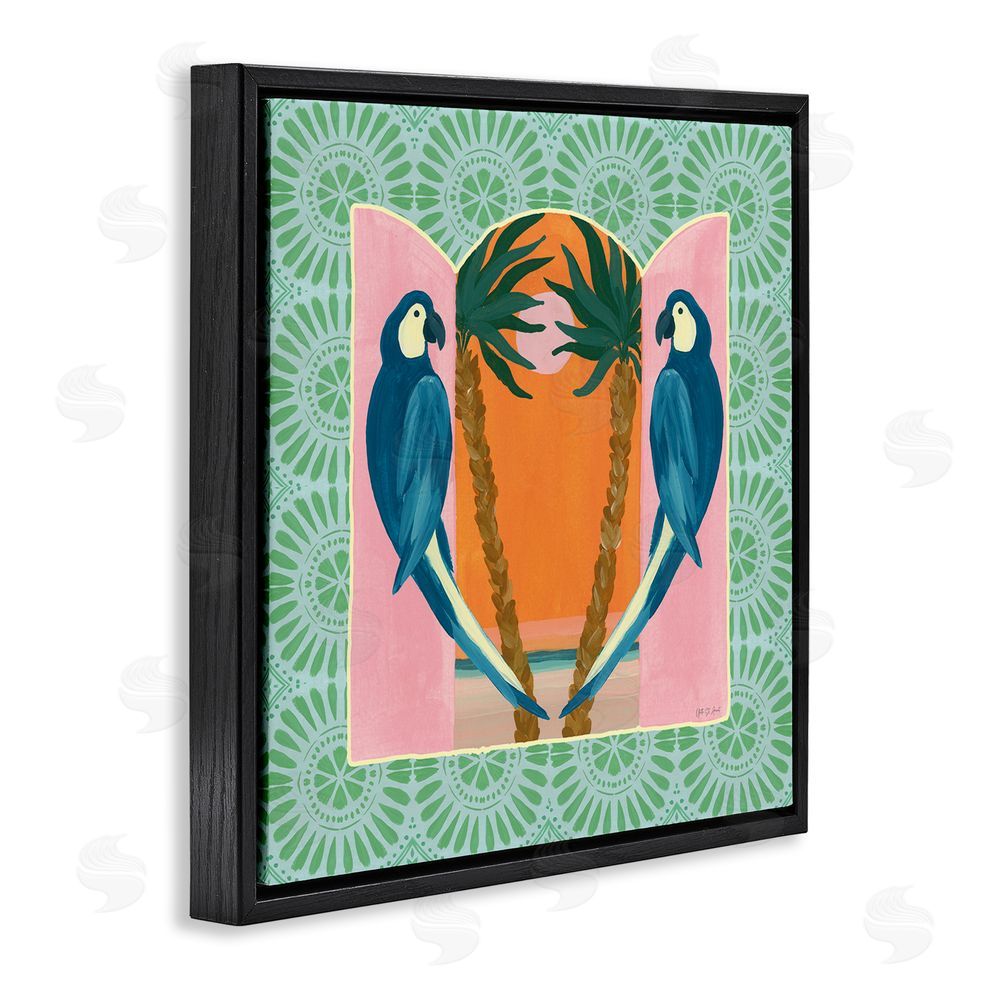 Yvette St. Amant Blue Parrots Tropical Symmetry Black Floating Frame Canvas Wall Art Print