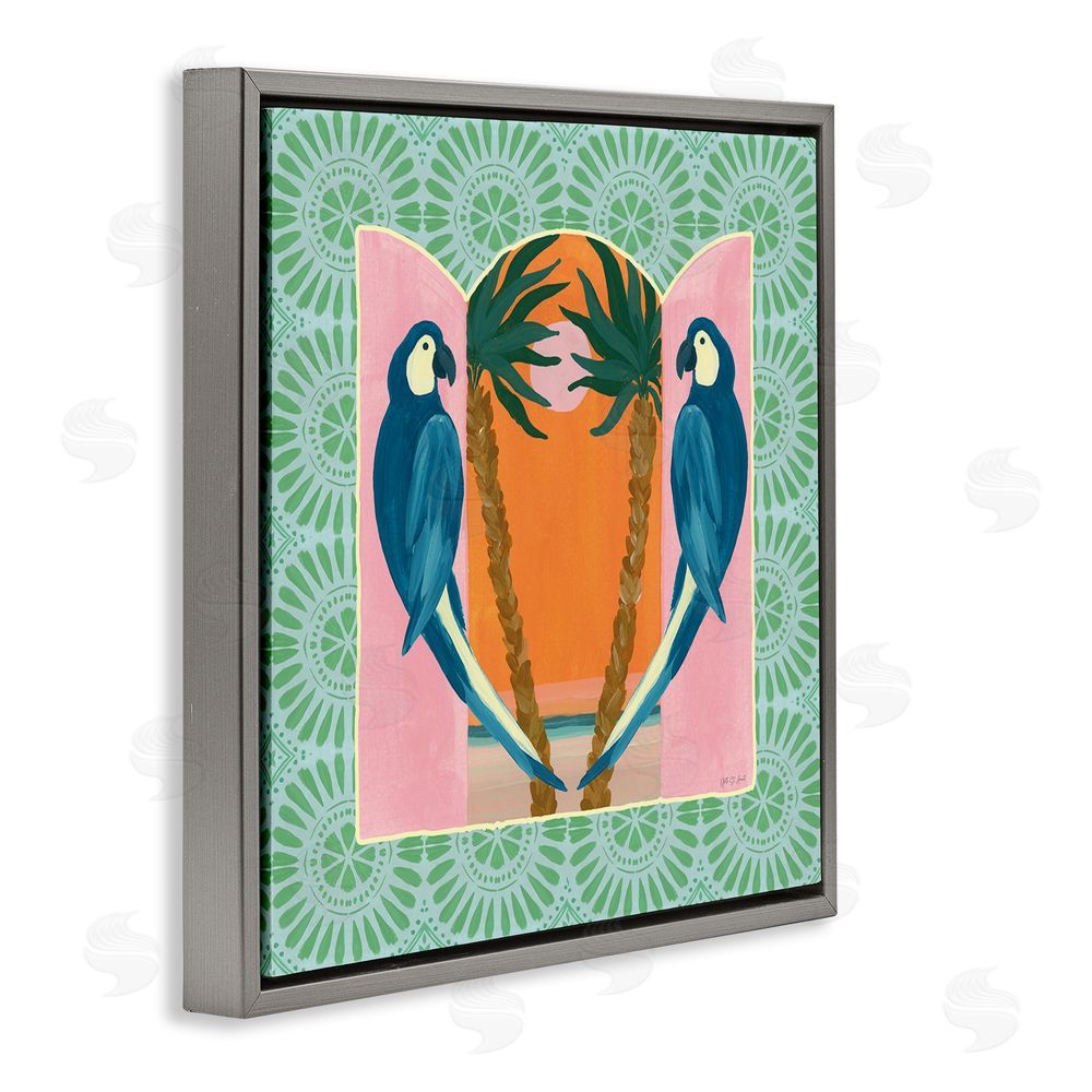 Yvette St. Amant Blue Parrots Tropical Symmetry Gray Floating Frame Canvas Wall Art Print