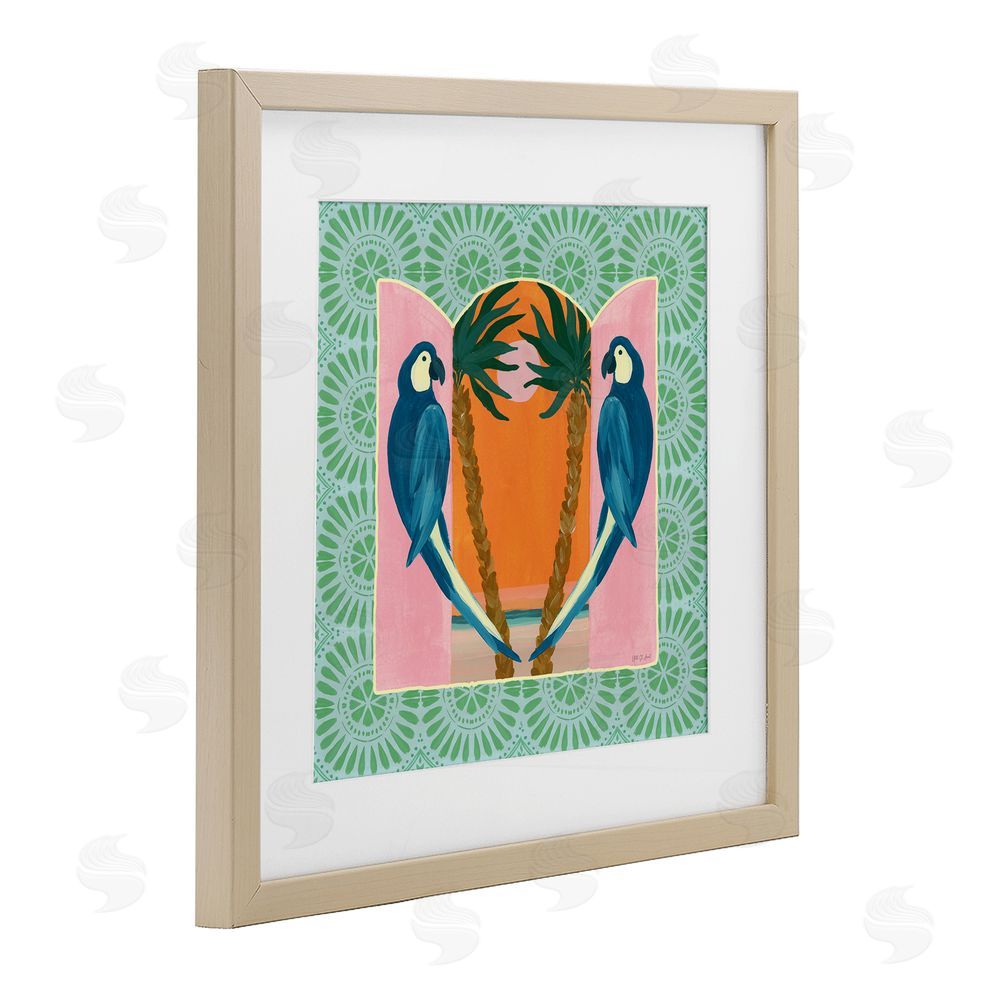 Yvette St. Amant Blue Parrots Tropical Symmetry Brown Framed Print Under Glass Wall Art
