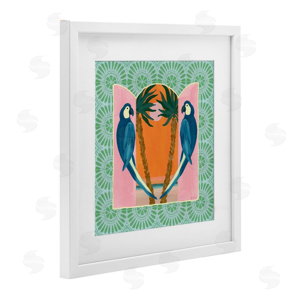 Yvette St. Amant Blue Parrots Tropical Symmetry White Framed Print Under Glass Wall Art
