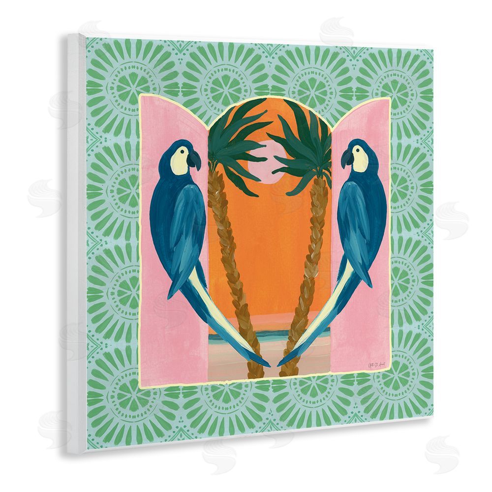 Yvette St. Amant Blue Parrots Tropical Symmetry Wooden Wall Plaque Art Print