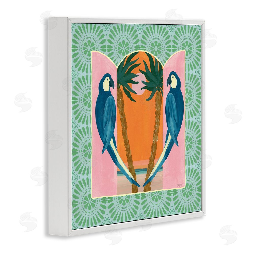 Yvette St. Amant Blue Parrots Tropical Symmetry White Framed Giclee Wall Art Print