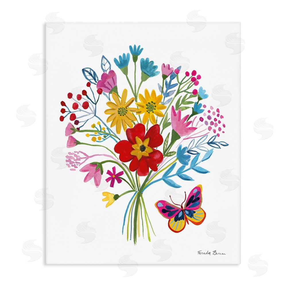 Farida Zaman Butterfly Bouquet with Vibrant Blooms Stretched Canvas Wall Art Print