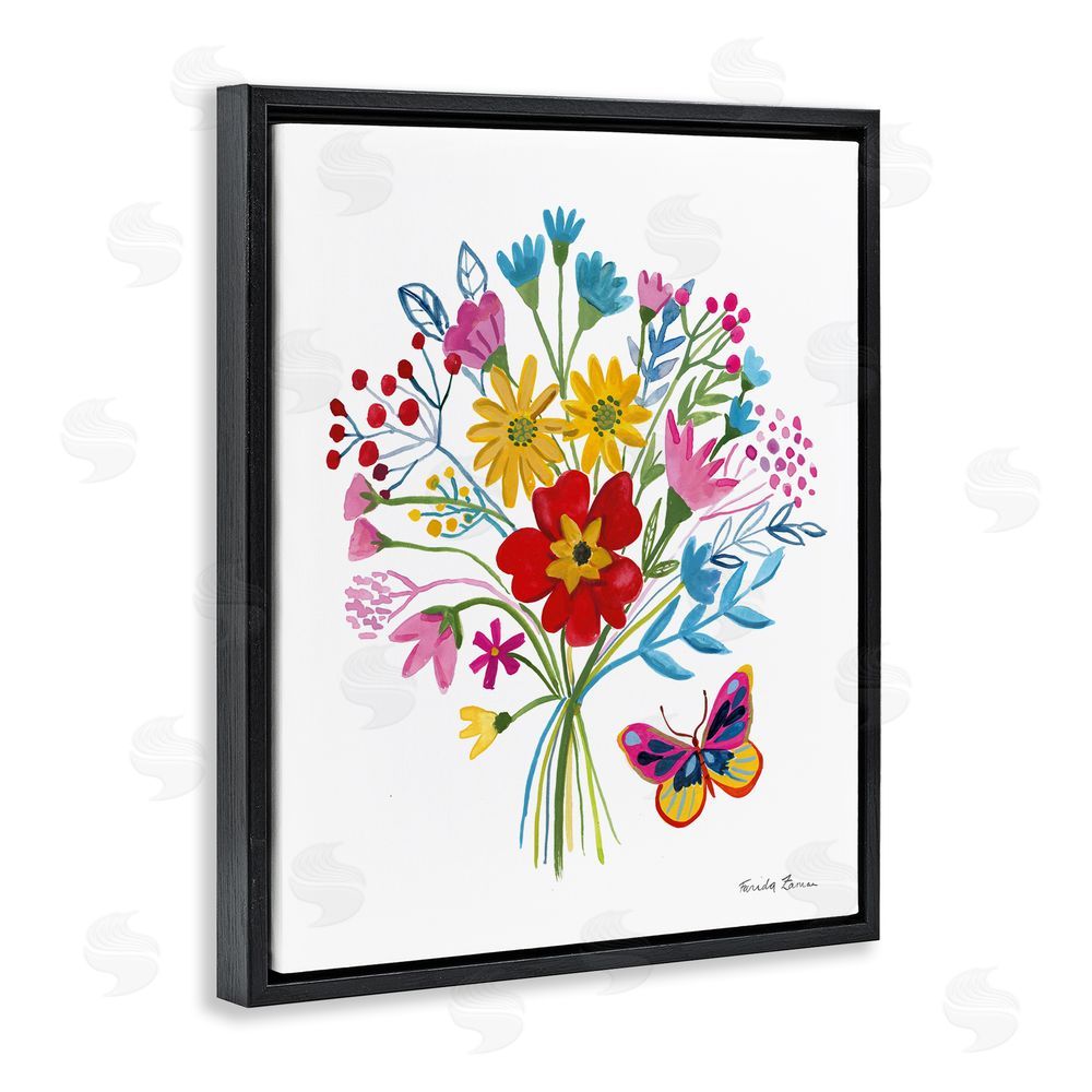 Farida Zaman Butterfly Bouquet with Vibrant Blooms Black Floating Frame Canvas Wall Art Print