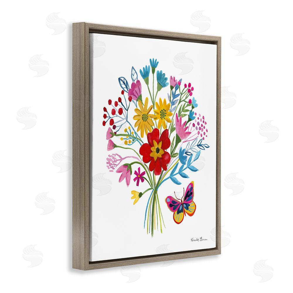 Farida Zaman Butterfly Bouquet with Vibrant Blooms Brown Floating Frame Canvas Wall Art Print