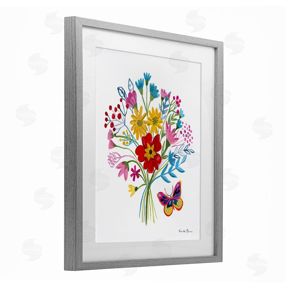 Farida Zaman Butterfly Bouquet with Vibrant Blooms Gray Framed Print Under Glass Wall Art