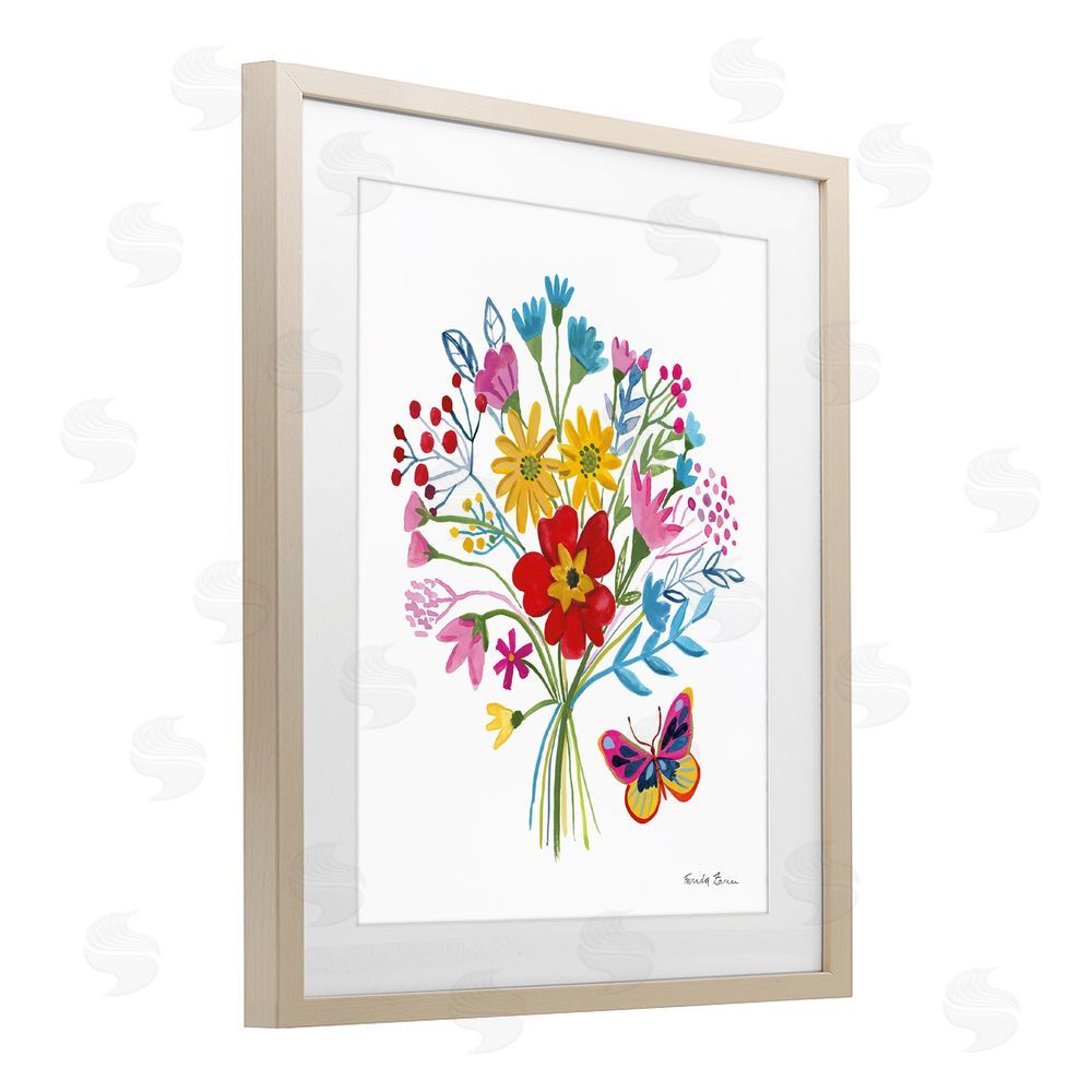Farida Zaman Butterfly Bouquet with Vibrant Blooms Brown Framed Print Under Glass Wall Art