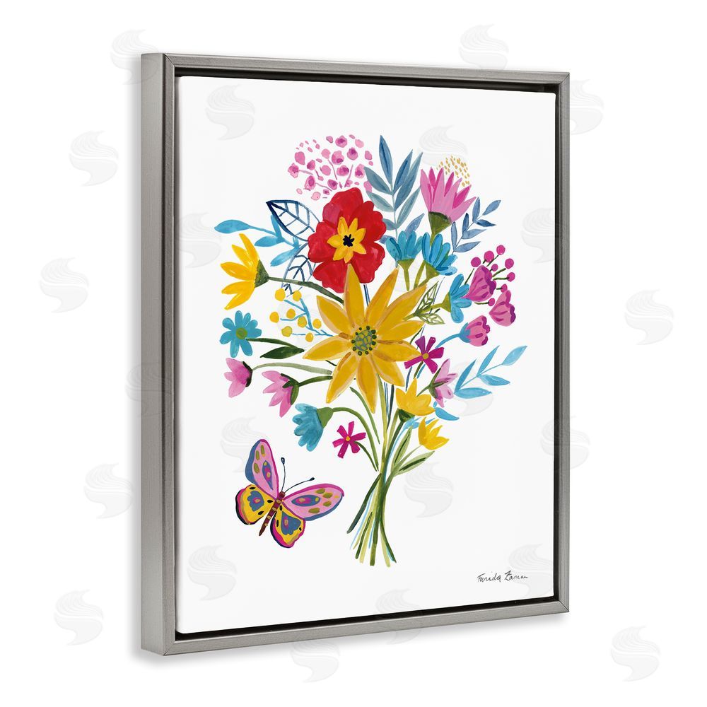 Farida Zaman Butterfly Bouquet Arrangement Gray Floating Frame Canvas Wall Art Print