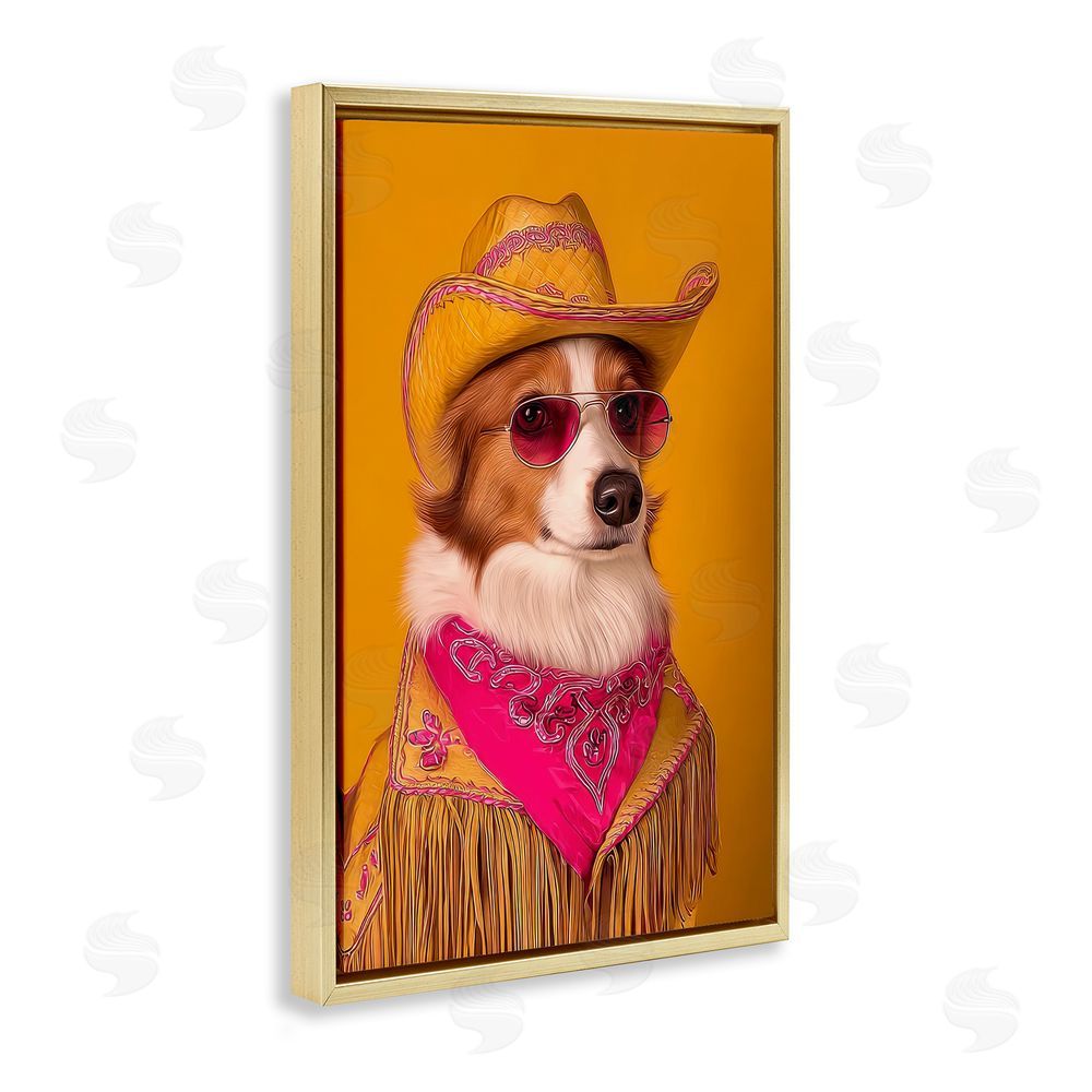 Lazar Studio Barkin' Rodeo Cowboy Dog Gold Floating Frame Canvas Wall Art Print