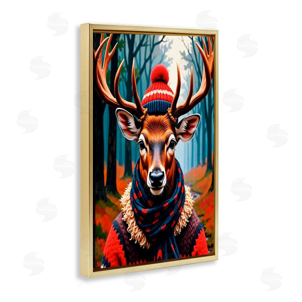Karen Smith Wooly Stag Winter Scarf Gold Floating Frame Canvas Wall Art Print