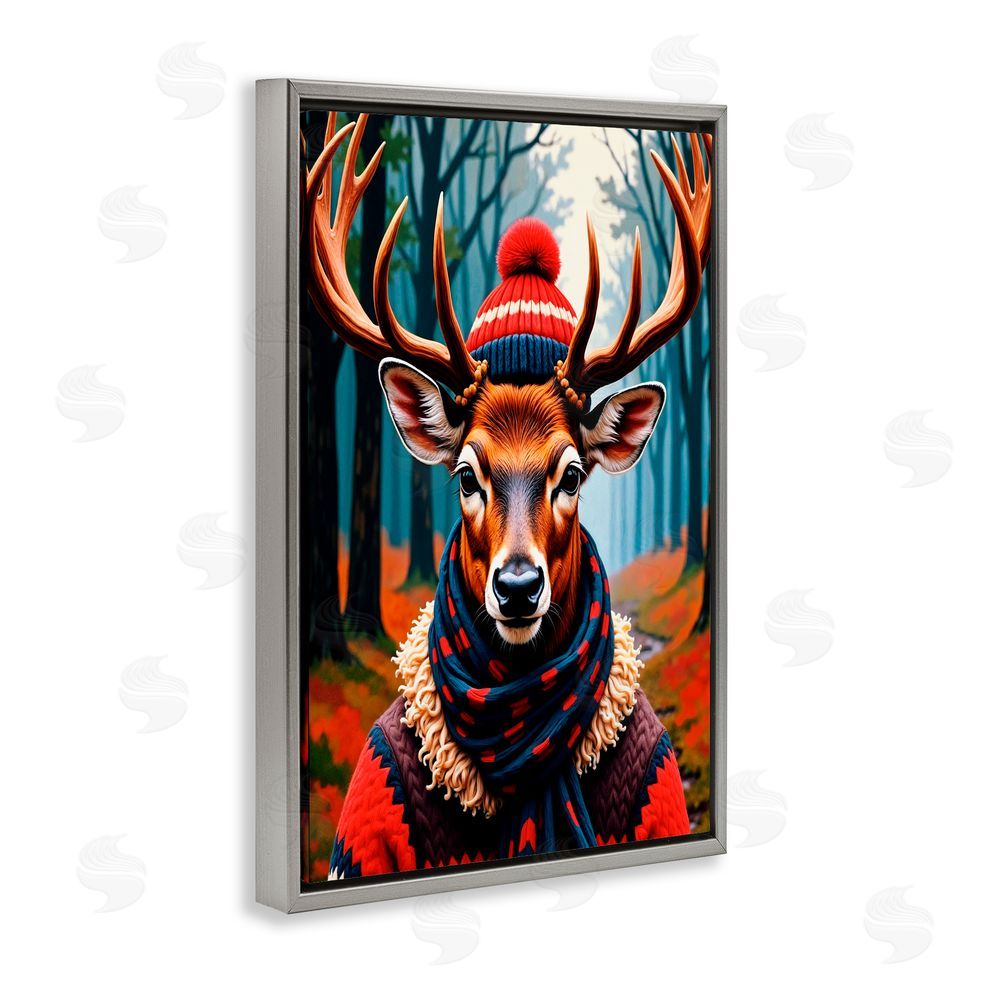 Karen Smith Wooly Stag Winter Scarf Gray Floating Frame Canvas Wall Art Print