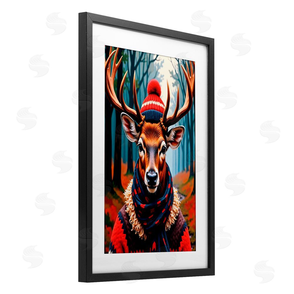 Karen Smith Wooly Stag Winter Scarf Black Framed Print Under Glass with White Mat Wall Art