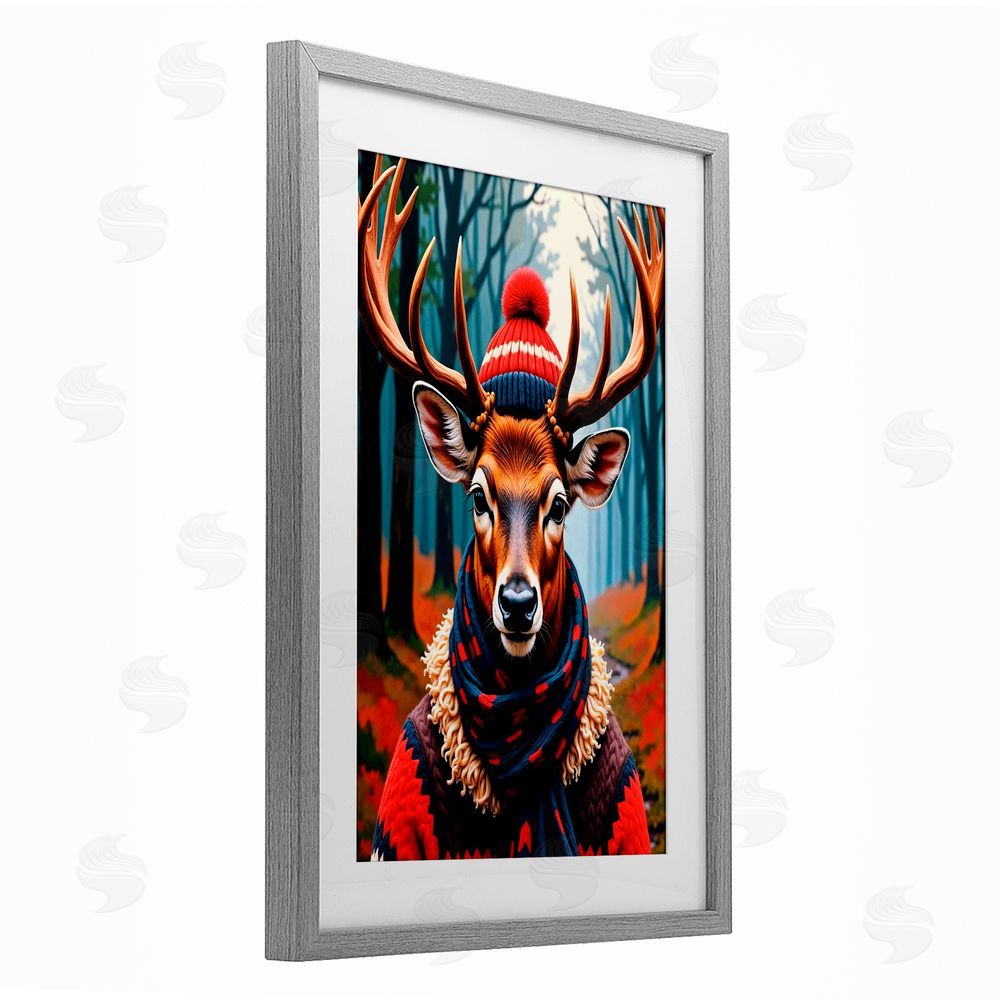 Karen Smith Wooly Stag Winter Scarf Gray Framed Print Under Glass with White Mat Wall Art