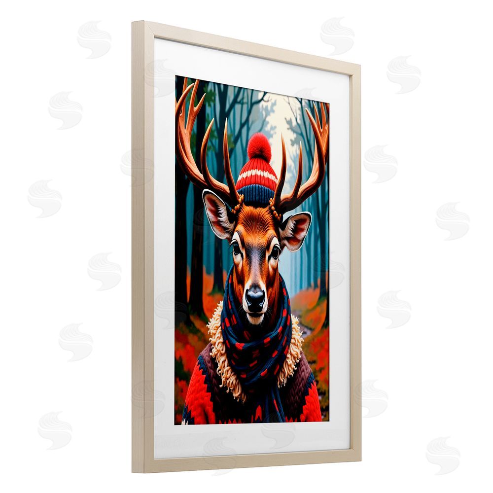 Karen Smith Wooly Stag Winter Scarf Birch Framed Print Under Glass with White Mat Wall Art