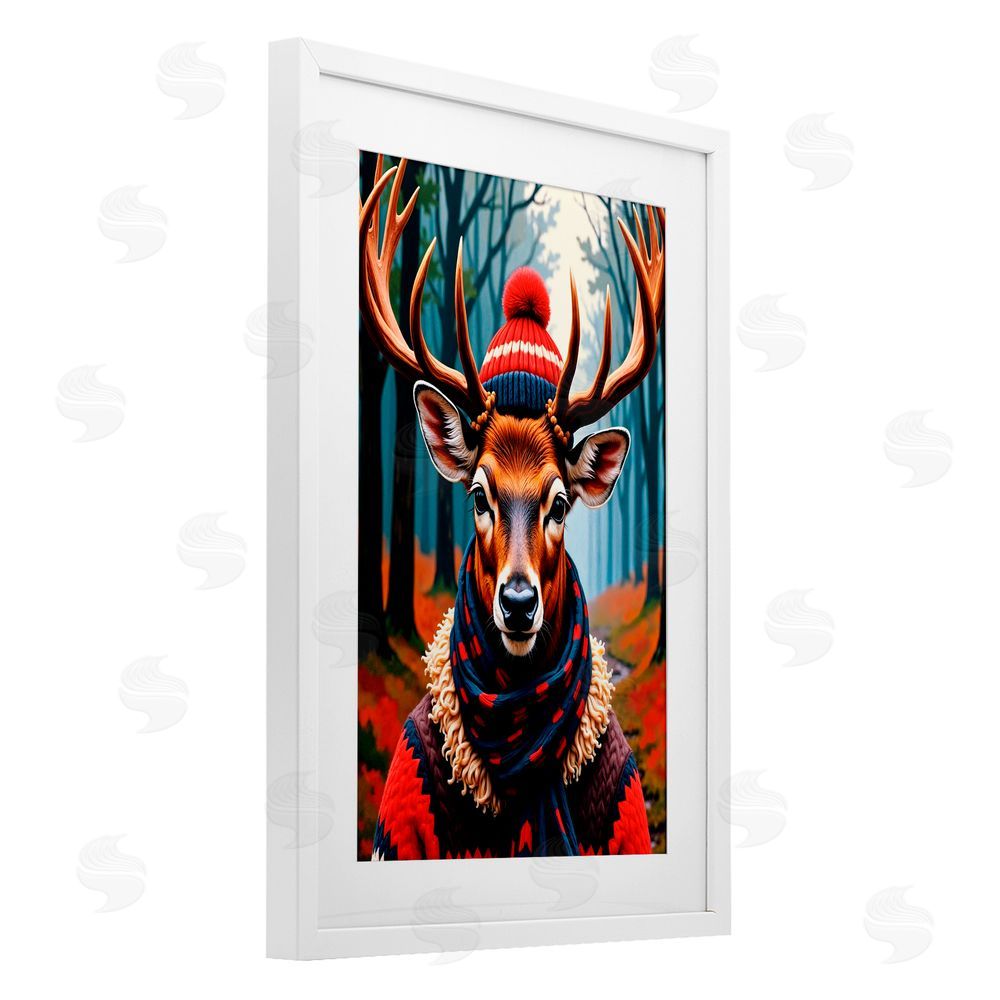 Karen Smith Wooly Stag Winter Scarf White Framed Print Under Glass with Mat Wall Art