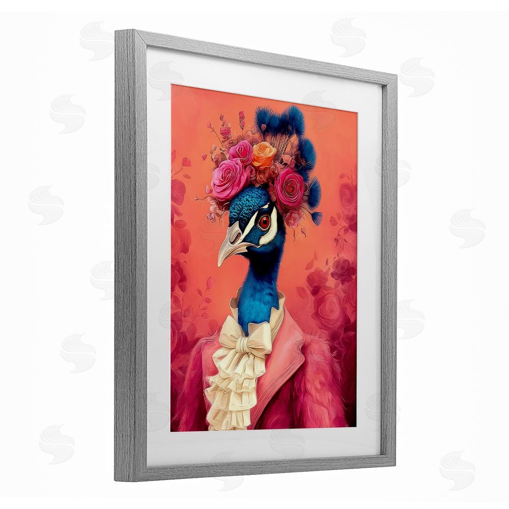 Lazar Studio Baroque Peacock in Pink Gray Framed Print Under Glass Wall Art