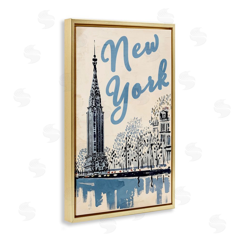 Annabelle Hall Blue & Beige New York Travel Gold Floating Frame Canvas Wall Art Print