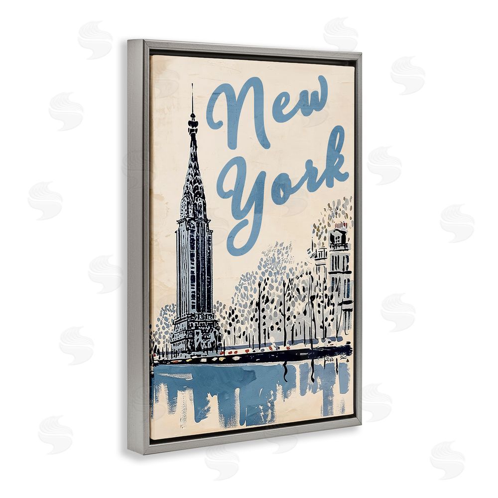 Annabelle Hall Blue & Beige New York Travel Gray Floating Frame Canvas Wall Art Print