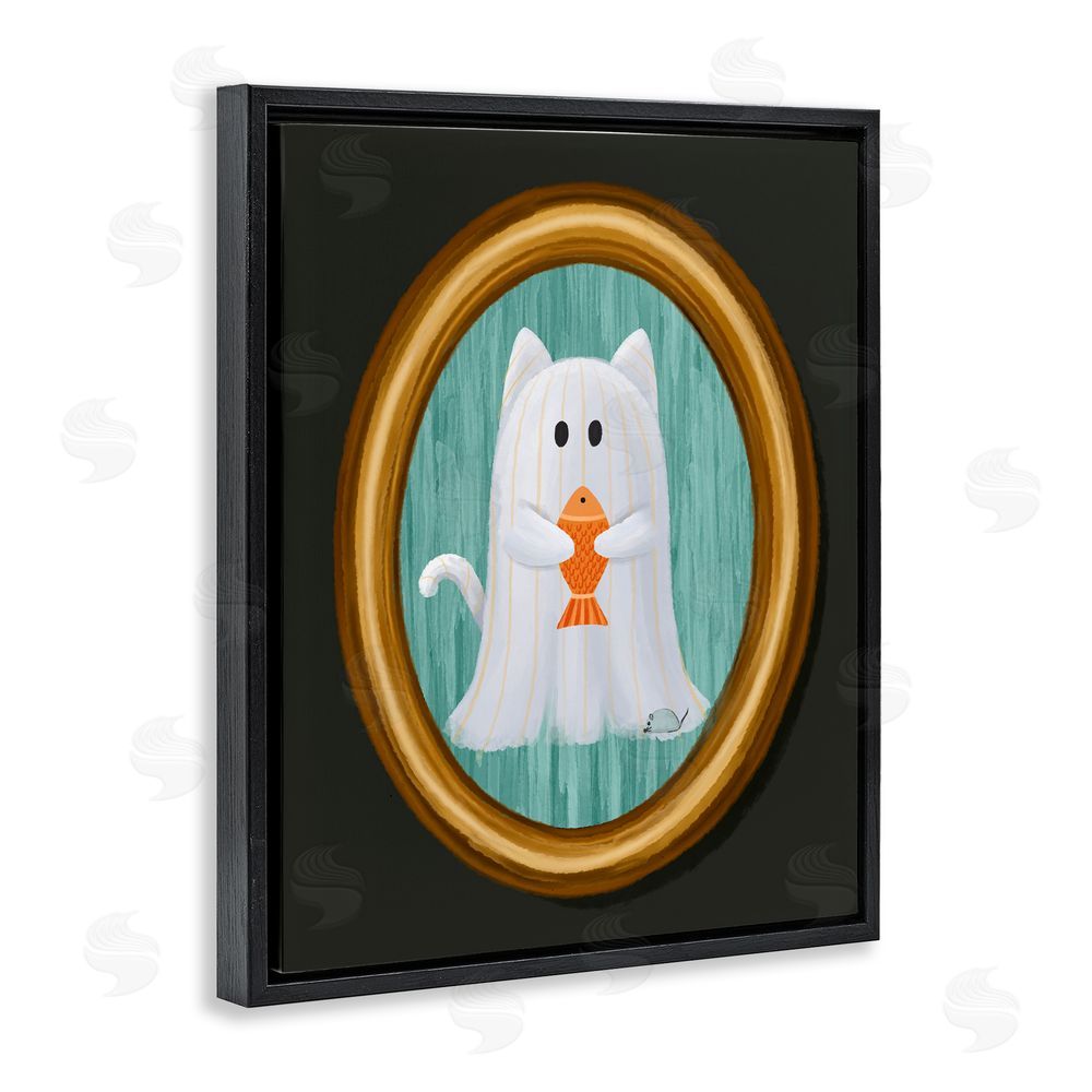 Jennifer Stith Ghost Cat with Fish Black Floating Frame Canvas Wall Art Print