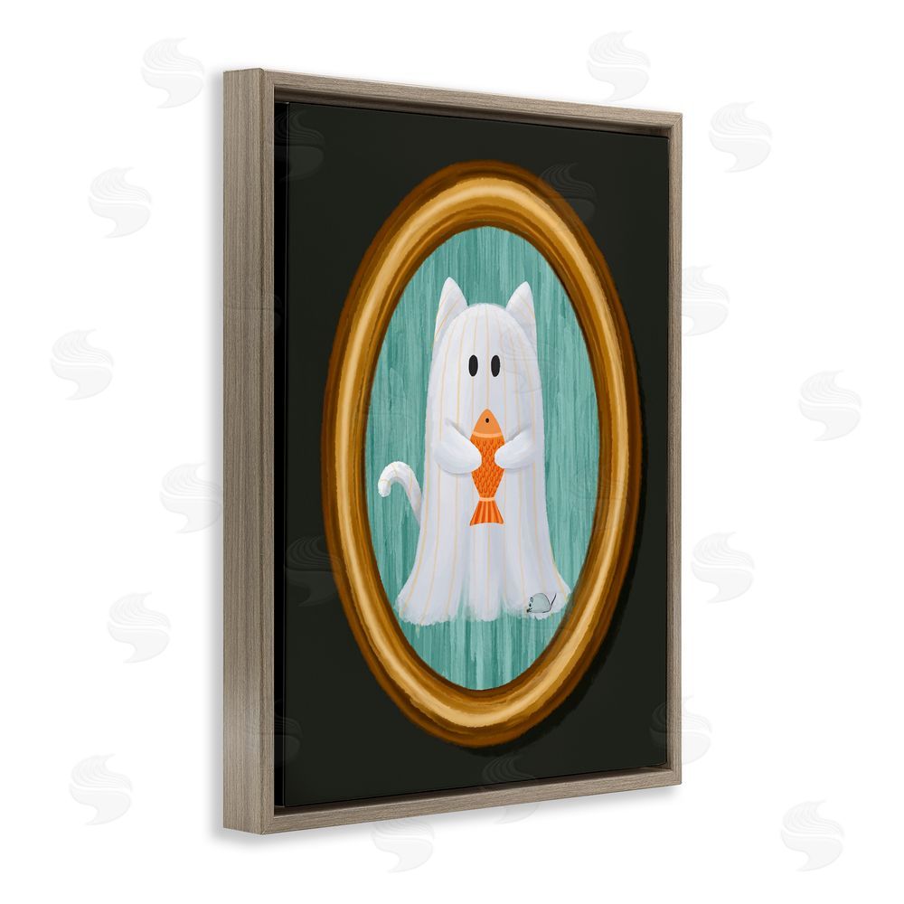 Jennifer Stith Ghost Cat with Fish Brown Floating Frame Canvas Wall Art Print
