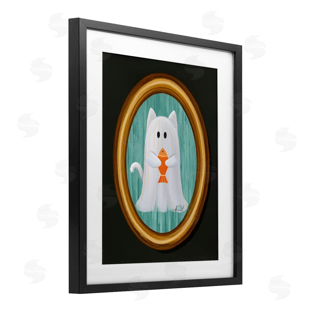 Jennifer Stith Ghost Cat with Fish Black Framed Print Under Glass with White Mat Wall Art
