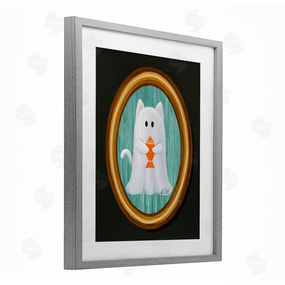 Jennifer Stith Ghost Cat with Fish Gray Framed Print Under Glass with White Mat Wall Art
